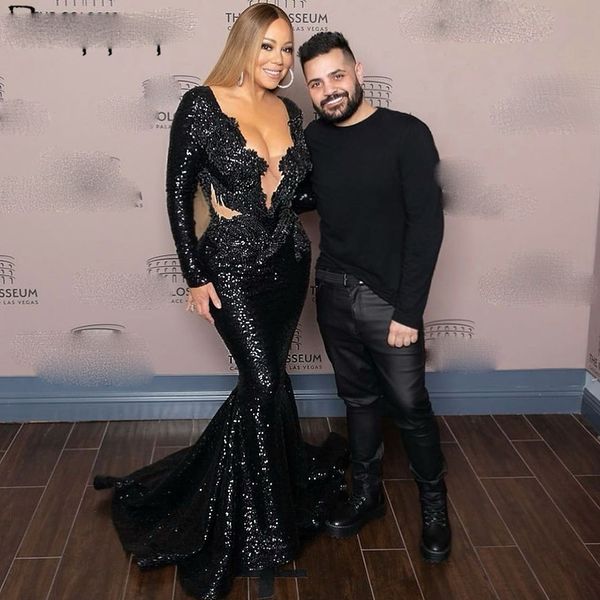 

black mermaid long evening dresses 2022 stunning beaded appliques sparkluy sequin long sleeve african girl prom dress, Black;red