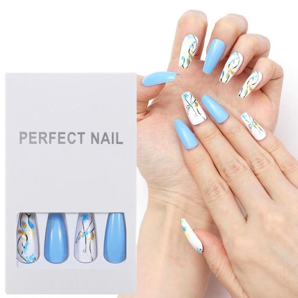 

false nails women nail art beauty blue fake t-shaped ballet tip, Red;gold