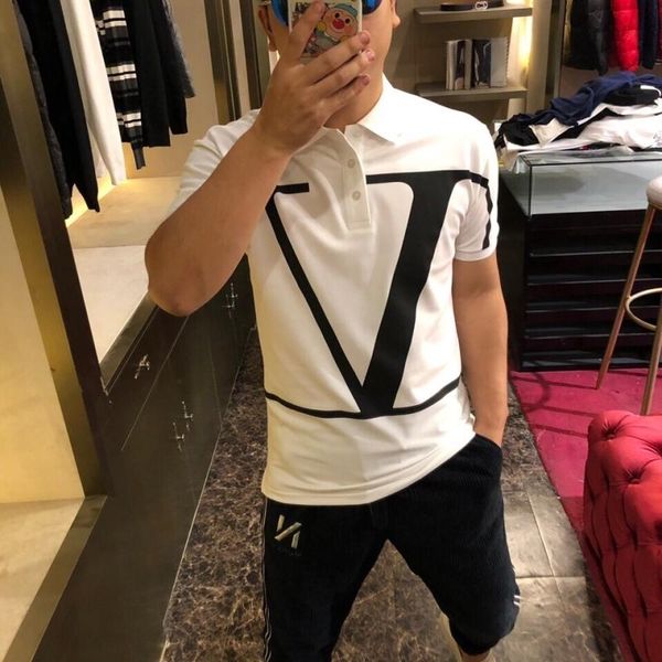 

ins fashion polo short sleeve men's spring and summer new letter print personalized versatile lapel paul shirt, White;black