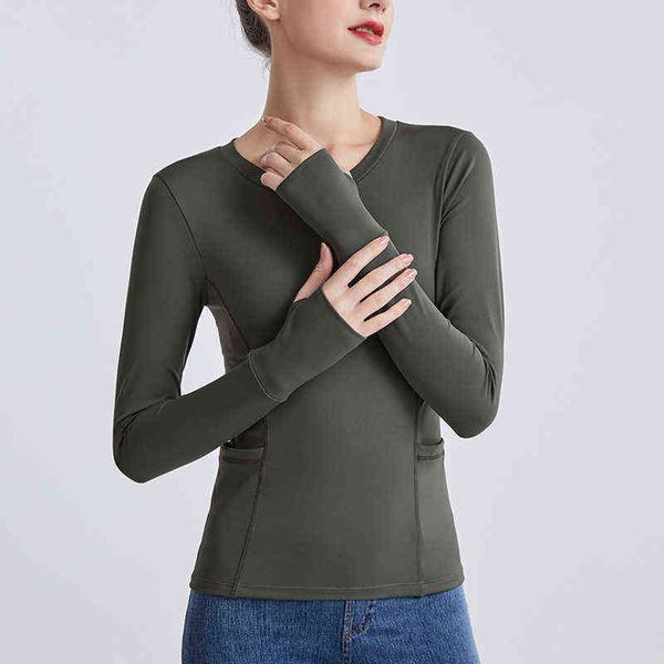 

women's t-shirt long sleeve yoga 2022 autumn and winter cloth women's nude friendly round neck double pocket sports slim fitns top, White