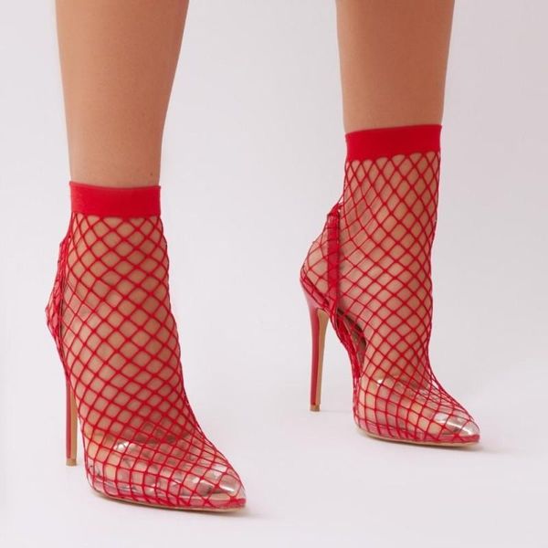 

boots pvc inside summer mesh sock ankle stiletto high heels women pointed toe female party shoes woman, Black