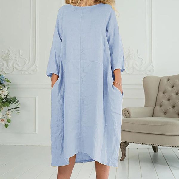 

casual dresses women's solid color loose plus sizes dress three quarter sleeve round neck pocket home soft long maxi vestido, Black;gray