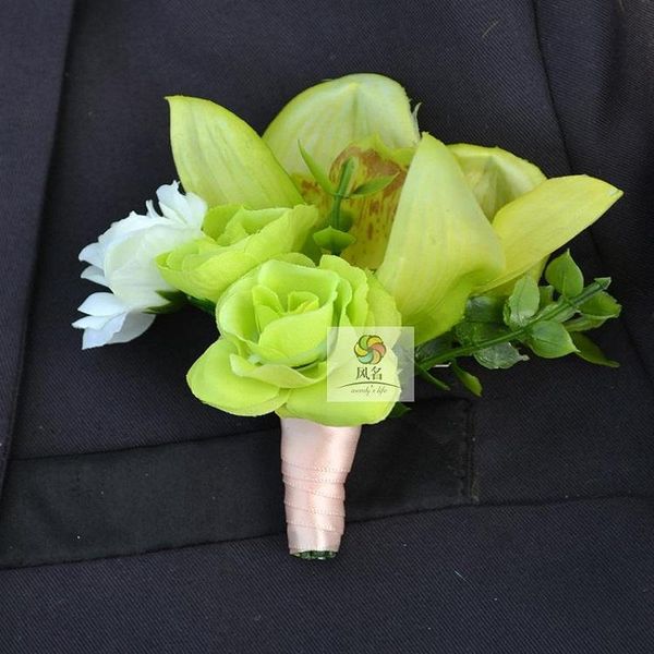 

green rose man boutonniere branches mix colors corsage pin groom anemone groomsman party prom wedding flowers