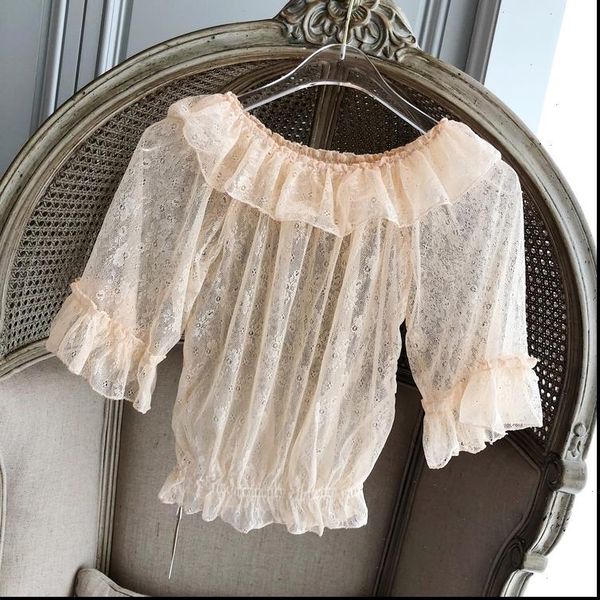 

mesh lolita shirt women summer floral embroidery blouses shirt ladies transparent elegant see through pink shirt student, White