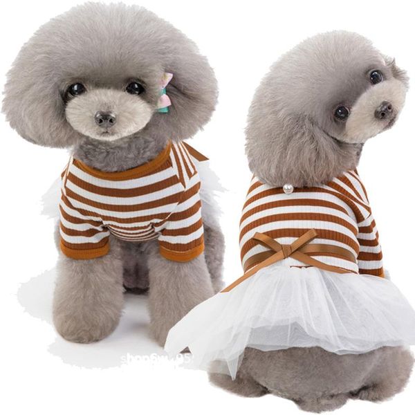 

dog apparel pet stripes pearls gauze tutu dress skirt puppy cat princess clothes cotton short sleeves t-shirt