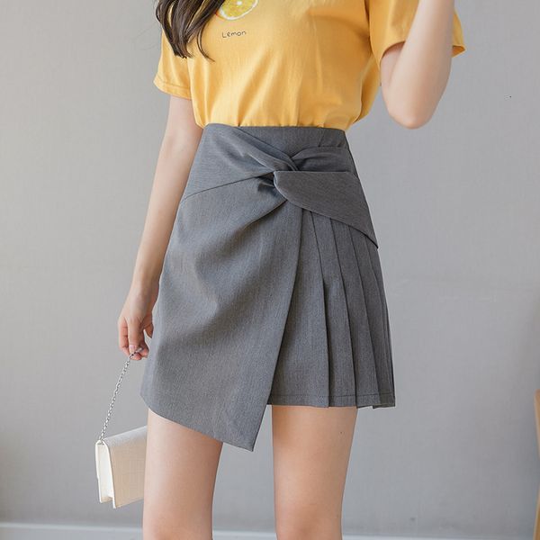 

new tie front high waist pleated short skirts womens 2021 summer korean style wrap a line women office mini skirt black grey skort q1c8