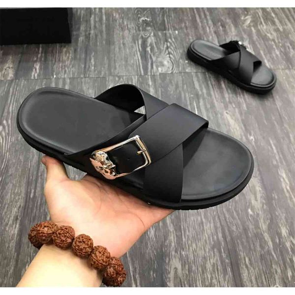 

80% off outlet store 21 summer metal buckle skull scalp trawl red leather cross sandals guangzhou men's shoes, Black