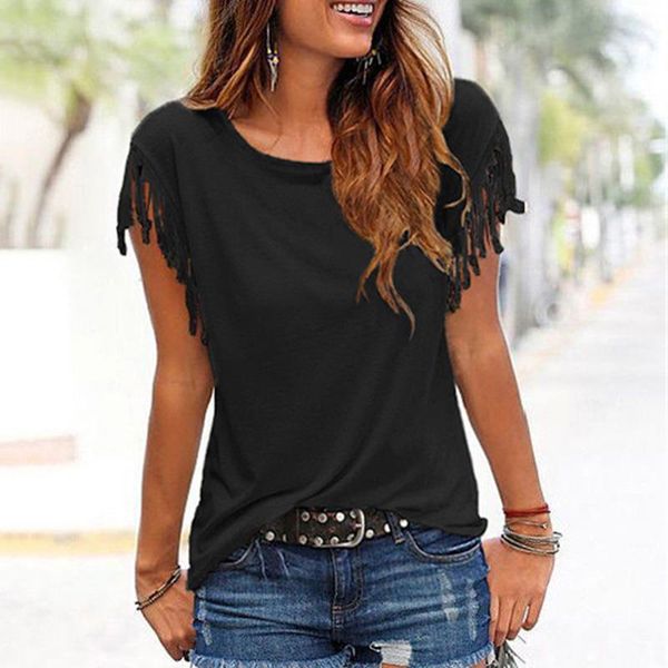 

solid o-neck tassel short sleeve women's t-shirt white black red loose t-shirts womens 2021 summer spring chic tshirt women