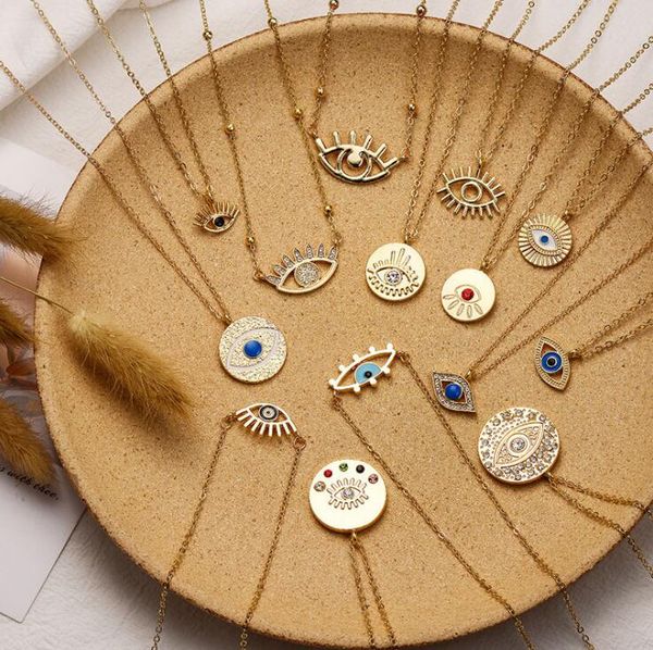 7 Stile Mode Anhänger Halsketten Damen Goldkette Bunte Strass Gefüllte Evil Eye Münze Halsketten Für Frauen Böhmische Halskette