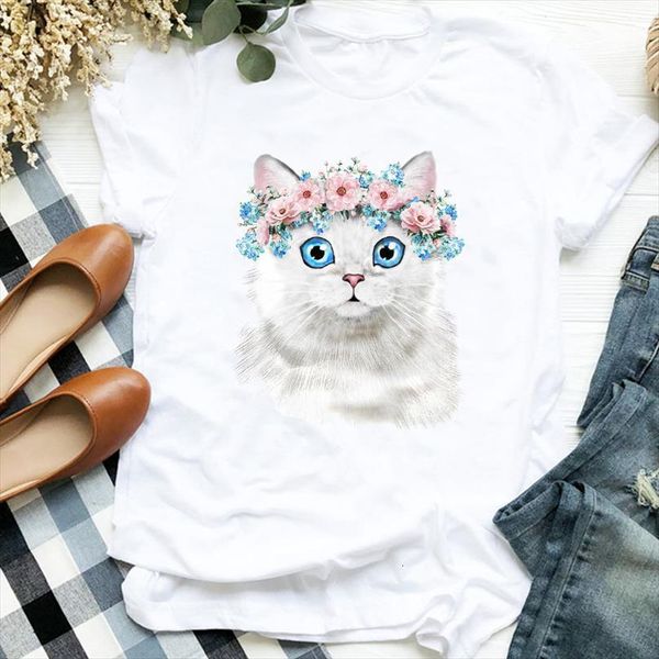 

and women lady cat men t shirts floral womens watercolor lovely cartoon pet animal printing shirt clothes graphic female, White;black