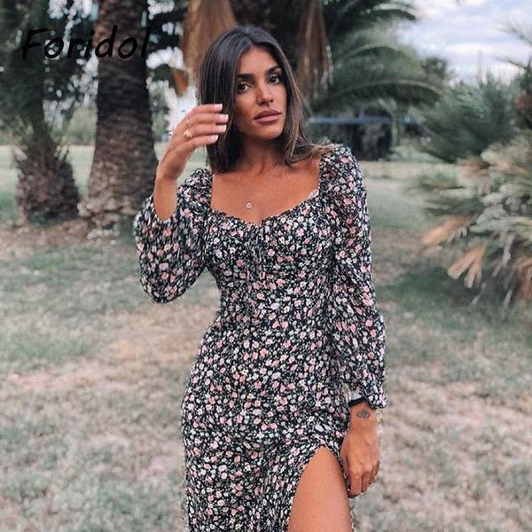 Long Sleeve Primavera Vintage floral verde vestido Mulheres Outono Inverno Slit Maxi 2020 Folha Imprimir Boho Vestidos Preto Y0823