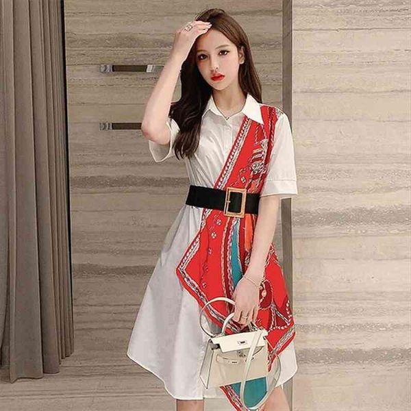 

dress stitching belt shirtdress irregular scarf lapel short sleeve for women summer dress streetwear female, Black;gray