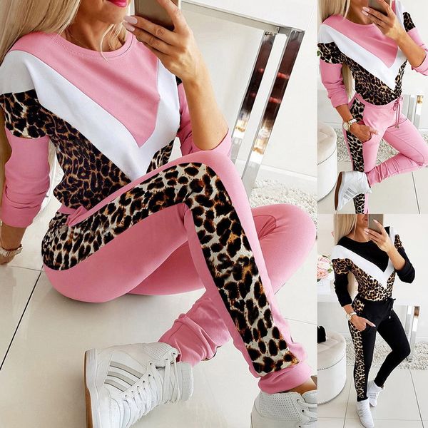 

fashion women leopard print long sleeve trucksuits womens casual 2 piece outfits o neck pullover sweatshirts pants running set, Black;white
