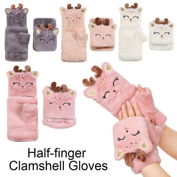 

five fingers gloves 1 pair women girl thick cute fingerless fluffy soft half-finger clamshell plush warm, Blue;gray