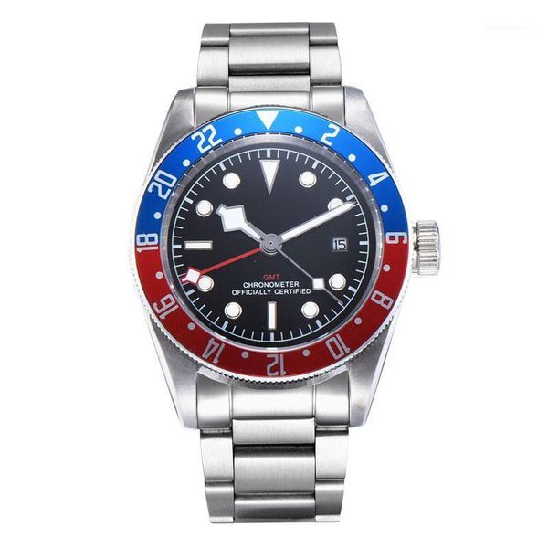 

men watch sapphire sterile red and blue bezel mechanical automatic military sport calendar clock 316l steel belt wristwatches, Slivery;brown