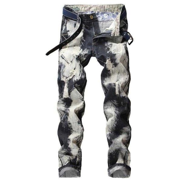 

men's jeans 2d european and american original mens wear tattered snow washed holes straight tube-sized, Blue