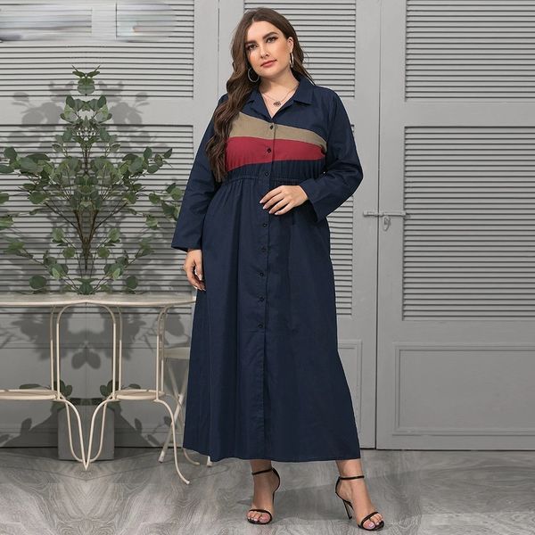 

plus size dress autumn fashion geometric contrast women casual dresses office ladies lapel single breasted party dresss 4xl, Black