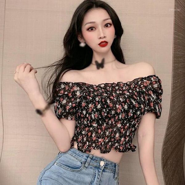 

women's blouses & shirts fashion floral print slash neck sweet short sleeves defined waist flower, White