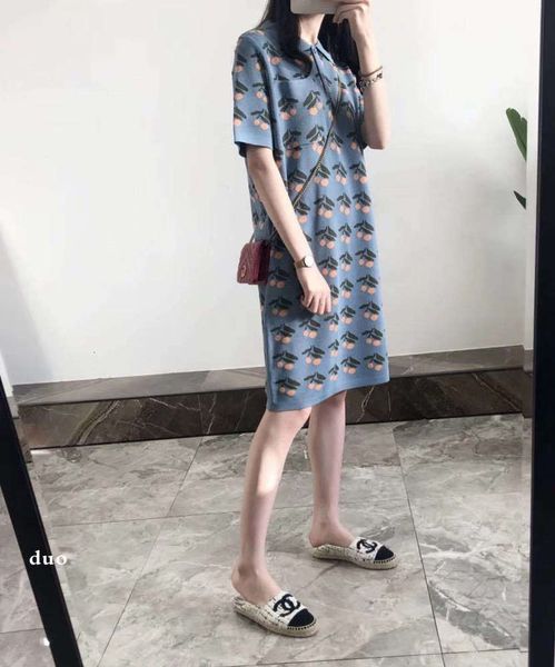 

cherry korean girls in spring and summer wear polo collar knitted straight skirt ice silk dress, Black;gray