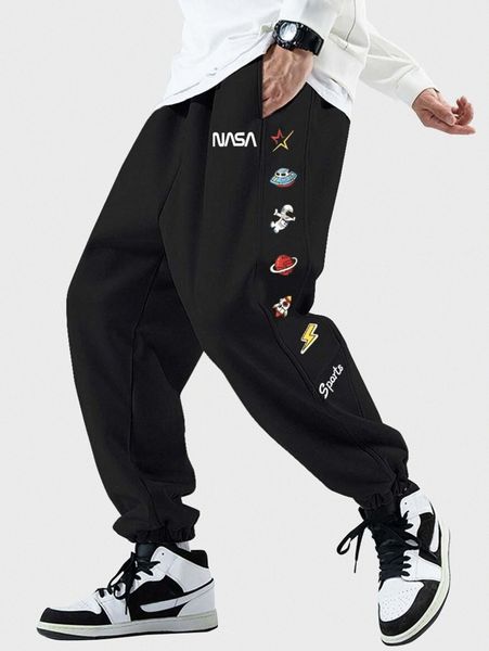 

men letter and astronaut print sweatpants m272#, Black