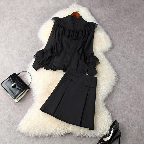 

two piece dress women ruffles and black skirt set spring summer 2021 designer chinese style lantern sleeve blouses sexy, White