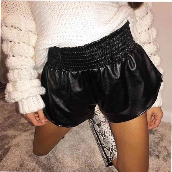 Black Faux Leder Biker Shorts Frauen Elastische Hohe Taille Wide Bein Mode Herbst Casual Damen Sexy Femme 210724