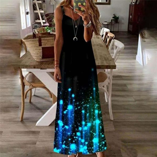 

casual dresses summer luminous printed dress ladies bohemian style o neck spaghetti strap vestido female ankle length, Black;gray