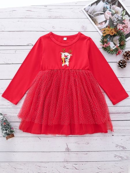 

toddler girls christmas embroidery mesh panel smock dress she, Red;yellow