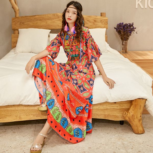 

new boho ethnic print maxi embroidered v-neck flared sleeve spring dresses holiday seaside beach dress vestidos 2021 8gms, Black;gray