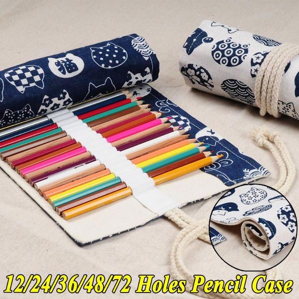 

pencil bags case 12/24/36/48/72 holes school stationery vintage cartoon cat roll up pen curtain large-capacity brush bag
