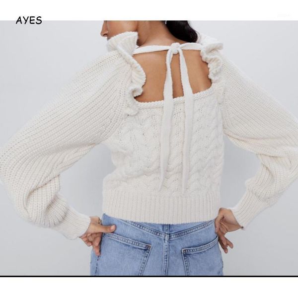 

women's sweaters autumn winter back lace up pullover knitwear retro ruffled solid longs leeve women vintage jumpers, White;black