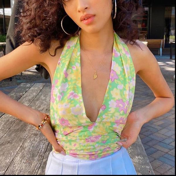 

vintage women floral print camis 2021 summer fashion ladies boho green camis elegant female backless woman chic, White