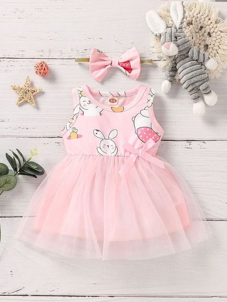 

baby cartoon graphic mesh overlay dress she, Red;yellow