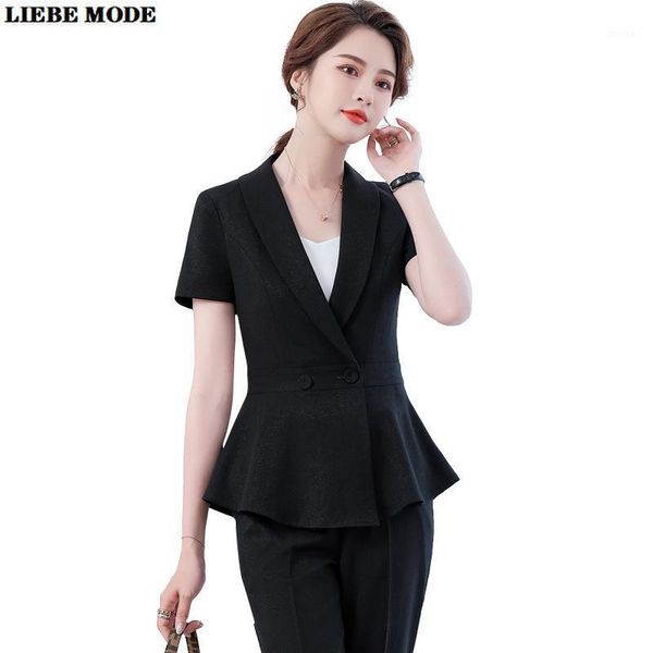 

two piece dress summer suits work women pieces blazer set short sleeve ruffles jacket coat with skirt suit for office ladies black blue pink, White