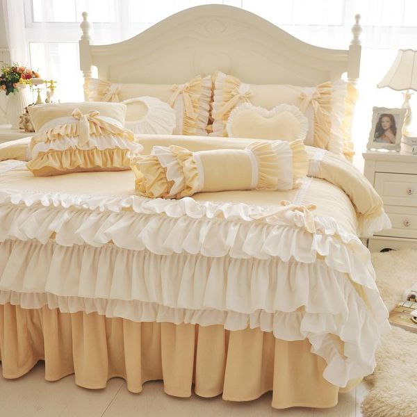 

bedding sets korean princess yellow pink purple fleece fabric set white ruffle bow duvet cover flannel velvet bed skirt pillowcases