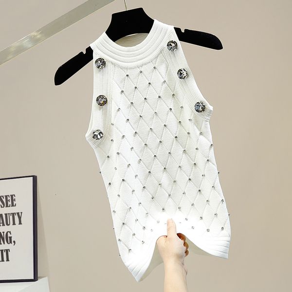 

2021 spring newcomers solid color round collar without sleeves strass decoration thin kintted vest nfbv, White