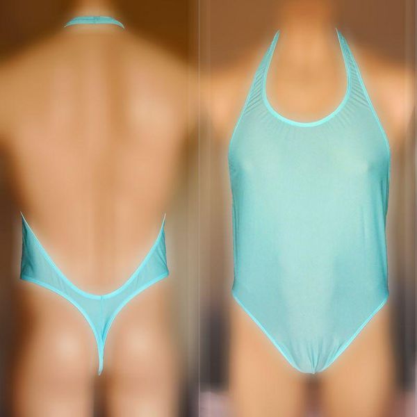 

men's body shapers g9282 mens bodysuit thong leotard deep cut back nylon spandex slightly c-thru shiny, Black;brown