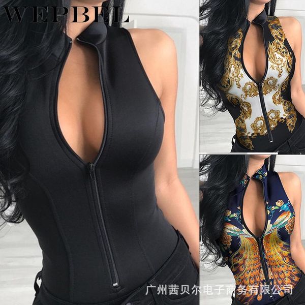 

women's t-shirt mandylandy women elegant skinny zipper vest shirt casual lady sleeveless stand collar print corset, White