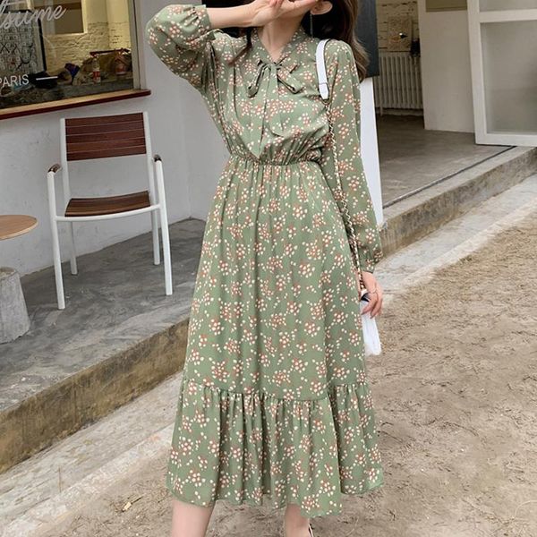 

casual dresses floral women summer 2021 long sleeve maxi chiffon dress scarf collar robe longue grande taille fashion cyber y2k, Black;gray