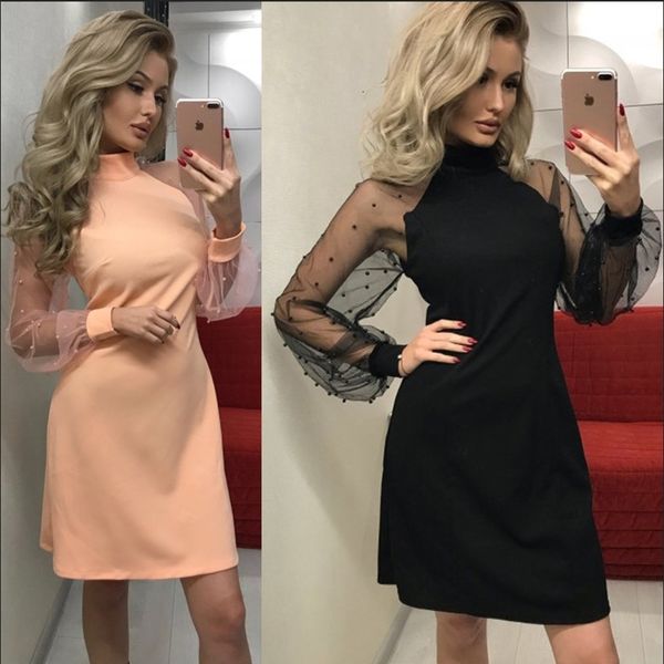 

2021 new womens pearl beading mesh autumn long sleeve casual mini party fashion o-neck solid es ropa mujer iegq uood, Black;gray
