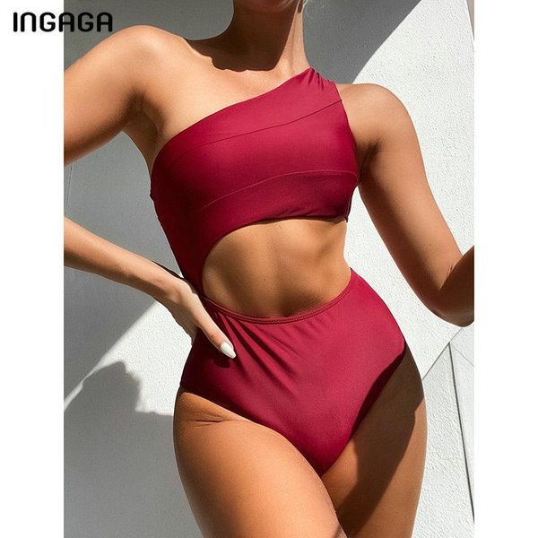 

ingaga wine red one piece swimsuits women one shoulder swimwear cut out monokini solid bodysuits backless bathers 2021 new
