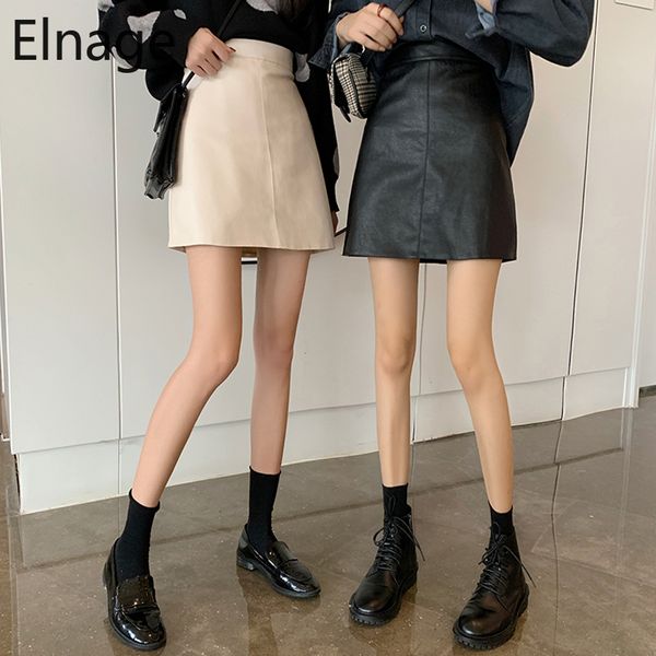 

elnage korean style pu leather retro slim fit high waist pack hip a word skirt for women short spring autumn 210305, Black