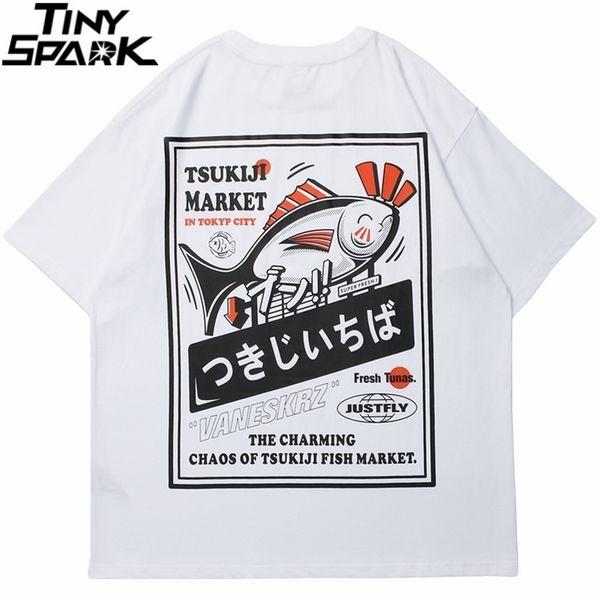 

hip hop streetwear harajuku t-shirt japanese kanji fish print tshirt men cotton casual short sleeve t shirt japan style 210707, White;black
