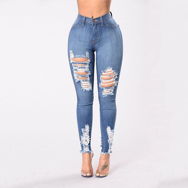 

2020 latest womens stretch ny ripped gat vegetables denim jeans women's slender jeggings high tail potato broek, Blue