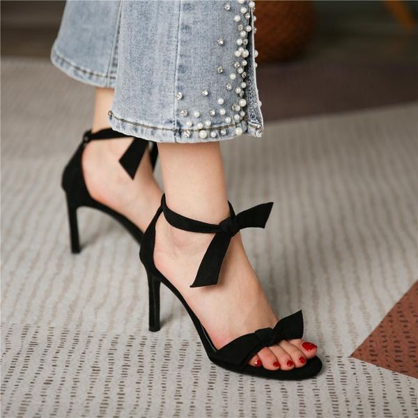 

dress shoes fashion women sandals for 2021 breathable flock pointed toe thin heels buckle strap woman slides solid casual female big size 43, Black