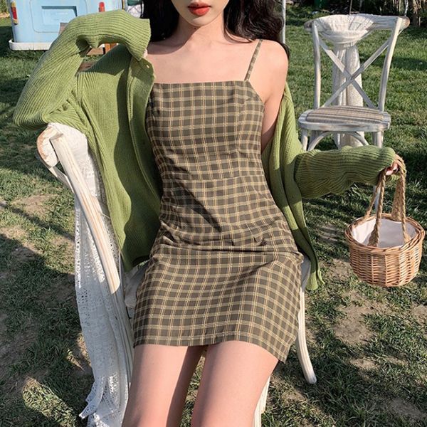 

2021 Top quality Summer Slim Strap Plaid Avocado Green Ladies Mini Es Women Beachwear Off Backless V92C, Black;gray