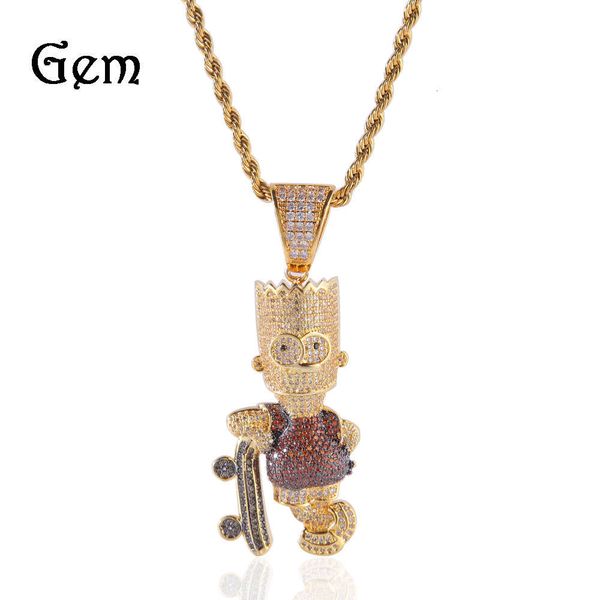 

hip hop colorful zircon simpson skateboard pendant cute twist chain necklace men's and women's copper zircon, Silver