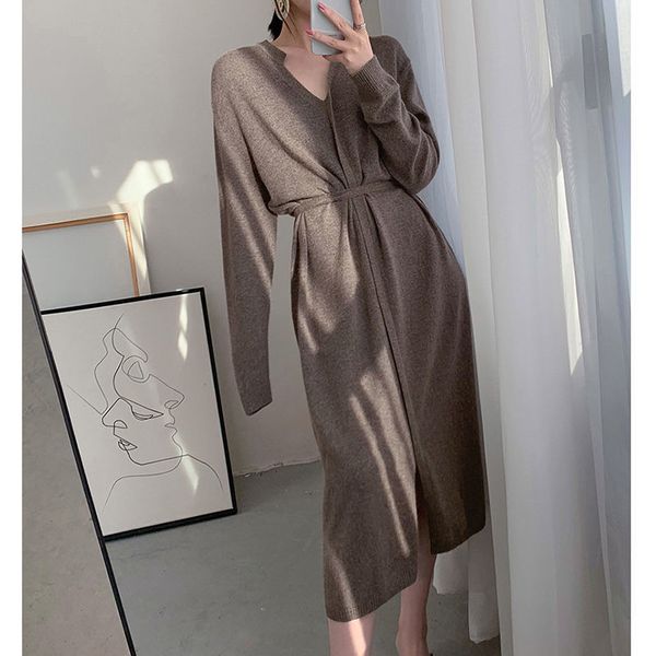 

new women 2021 spring autumn sweater female knitted v-neck solid es ladies casual loose long sleeve midi vestidos a695dzx6, Black;gray
