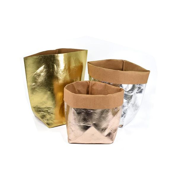 

storage bags washable kraft paper bag nordic dry flower succulents pots plants gold folable fruit toy organizer pouch