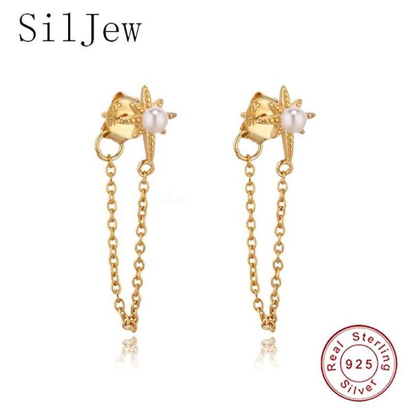 

hoop & huggie siljew 100% 925 sterling silver minimal delicate women girl jewelry white sea pearl bead stud tassel chain earring pendientes, Golden;silver